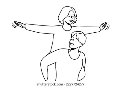 Happy young woman piggyback smiling man have fun together. Loving guy carrying on shoulders excited girl. Love and relationships. Vector illustration. 