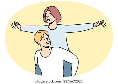 Happy young woman piggyback smiling man have fun together. Loving guy carrying on shoulders excited girl. Love and relationships. Vector illustration.