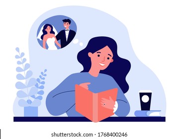 Joven feliz planeando su boda. Novia usando anillo de compromiso, viendo el catálogo de ilustración vectorial plana. Boda, concepto de compromiso para banner, diseño de sitio web o página web de aterrizaje