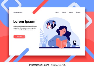 Happy young woman planning her wedding. Bride wearing engagement ring, watching catalogue flat vector illustration. Wedding, engagement concept for banner, website design or landing web page