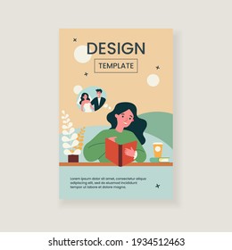 Happy young woman planning her wedding. Bride wearing engagement ring, watching catalogue flat vector illustration. Wedding, engagement concept for banner, website design or landing web page