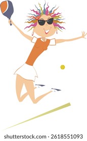 Happy young woman playing pickleball. Pickleball court. Jumping girl happy to make a good shot. Isolated on white background