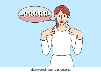 Happy young woman point at dental braces on teeth. Smiling girl enjoy brace treatment for healthy even tooth. Dentistry and oral care concept. Vector illustration. 