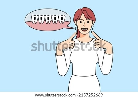 Happy young woman point at dental braces on teeth. Smiling girl enjoy brace treatment for healthy even tooth. Dentistry and oral care concept. Vector illustration.  ストックフォト © 