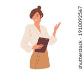 Happy young woman pointing and showing smth with hand. Smiling secretary or businesswoman explaining and presenting smth. Colored flat vector illustration isolated on white background