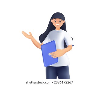 Happy young woman pointing and showing smth with hand 3D illustration. Smiling secretary or businesswoman explaining and presenting smth. Colored cartoon vector illustration isolated white background