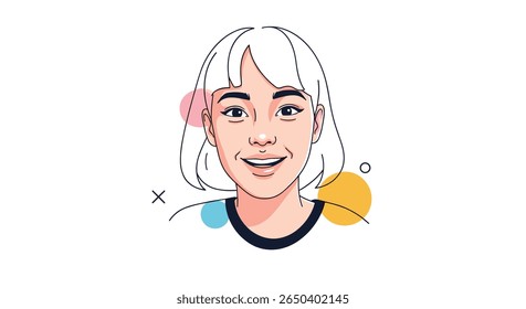 Happy young woman portrait with colorful abstract shapes modern minimalist art style