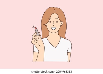 Happy young woman posing with lipstick in hands. Smiling girl holding beauty product recommend cosmetics. Beautician and makeup. Vector illustration. 