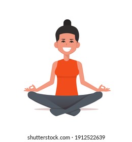 Happy young woman practicing yoga. Concept illustration for yoga and meditation. Vector flat isolated on white.