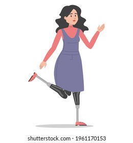 Happy young woman with prosthetic legs vector isolated. Illustration of young adult wearing a prosthesis. Handicapped person, female character with artificial limbs.