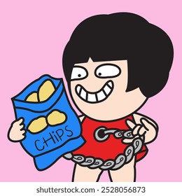 Happy Young Woman Pull A Bag Of Chips From Her Tummy Cartoon Character illustration