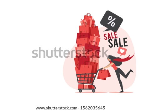 Happy Young woman pushing Stack of shopping bags in a cart. Black friday concept. Vector illustration flat design style.