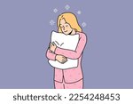 Happy young woman in pyjama feel sleepy holding fluffy pillow in hands. Smiling girl in pink pajama ready for sleep or nap at home. Fatigue and relaxation. Vector illustration. 