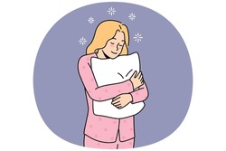 Happy Young Woman In Pyjama Feel Sleepy Holding Fluffy Pillow In Hands. Smiling Girl In Pink Pajama Ready For Sleep Or Nap At Home. Fatigue And Relaxation. Vector Illustration.