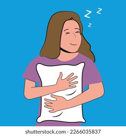 Happy young woman in pyjama feel sleepy holding fluffy pillow in hands. Smiling girl in pink pajama ready for sleep or nap at home. Fatigue and relaxation. Vector illustration.