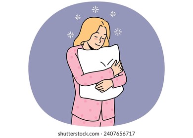 Happy young woman in pyjama feel sleepy holding fluffy pillow in hands. Smiling girl in pink pajama ready for sleep or nap at home. Fatigue and relaxation. Vector illustration.