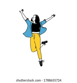 Happy Young Woman With Raised Hands, Jumping On One Leg. Cartoon Female Student Vector Doodle Illustration. Carefree Character