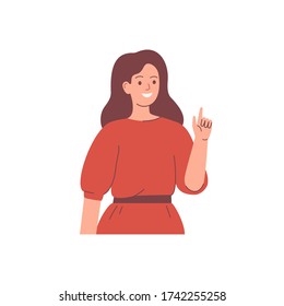 Happy young woman raises her index finger and points for something. Presentation concept. Human character vector illustration.