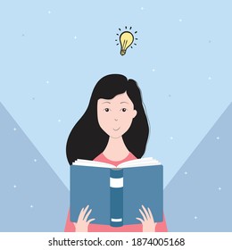 Happy young woman reading book and having idea. Concept of study, imagination, novel, schoolgirl, learn, smart, pupil. Vector hand drawn illustration