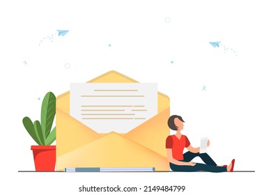 Happy young woman reading mail with envelop on the background, mail and messaging concept, email marketing concept, new email message, flat vector illustration
