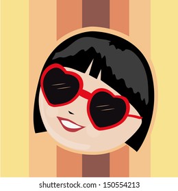 a happy young woman with red glasses in a striped background