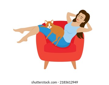 Happy young woman relaxing in an armchair with her cat vector. Woman resting with hands behind her head illustration isolated on a white background. Girl and pet cat sleeping on a red sofa drawing