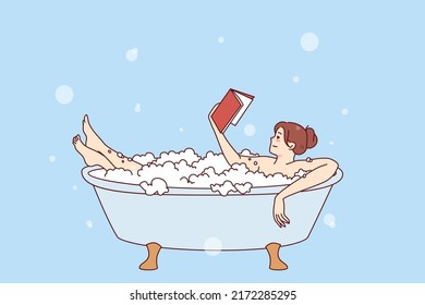 Happy young woman relaxing in bathtub with foam reading book. Calm girl rest in bath with bubbles enjoy literature reading. Weekend and relaxation. Vector illustration. 