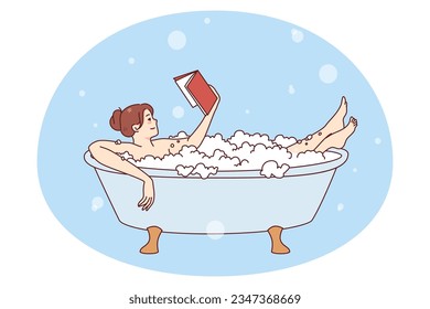 Happy young woman relaxing in bathtub with foam reading book. Calm girl rest in bath with bubbles enjoy literature reading. Weekend and relaxation. Vector illustration.