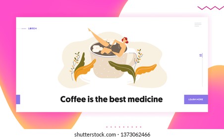Happy Young Woman Relaxing in Big Coffee Cup Landing Page. Female Character Bath in Teacup. Pretty Girl Lying in Mug with Hot Drink Website, Web Page, Banner. Vector flat cartoon illustration