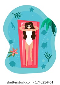 Happy young woman relaxing, lying and swimming on inflatable mattress in sea. Sea Landscape with fish, palm, starfish, turtle. Summer time. Vector illustration in flat, cartoon style