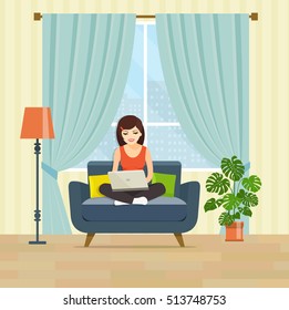 Happy young woman is relaxing on comfortable couch and using laptop at living room. Vector flat illustration