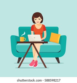 Happy young woman is relaxing on comfortable chair and using laptop. Vector flat illustration