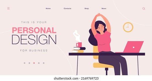 Happy Young Woman Relaxing At Workplace In Office. Female Employee Sitting At Desk With Laptop And Stretching During Coffee Break. Remote Work, Rest, Job Concept