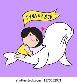 Happy Young Woman Rests Herself On Her Husband Boyfriend Seal's Back With Love And Thank You Concept Card Character illustration