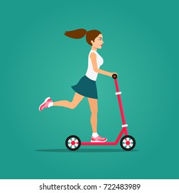 Happy young woman rides on a scooter. Vector flat style illustration.