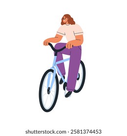 Happy young woman riding bicycle, enjoying carefree cycling. Smiling girl, female cyclist pedaling. Travel by urban eco transport, bike. Flat vector illustration isolated on white background