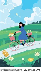 happy young woman riding bike with kite going outing in spring. Spring Equinox concept art. spring landscape with grassland and flower meadow. blue sky and white clouds.  flat vector illustration. 