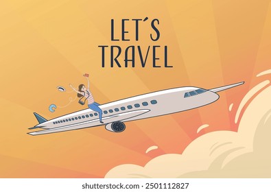 Happy young woman riding on an airplane, excited to go on vacation, with centered text let´s travel concept of the excitement of traveling