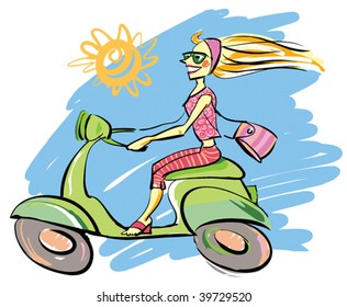 a happy young woman riding a scooter with her wind blowing in the air on a sunny day. Gestural, loose watercolor style.