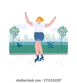 Happy young woman is rollerblading along the promenade. Park near a river with city view. Hand drawn cartoon flat concept illustration for banner, poster, advertising. 