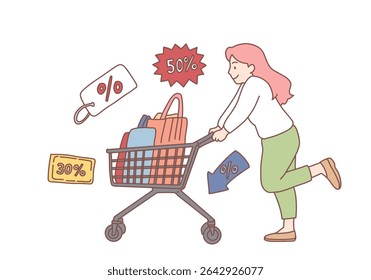 Happy young woman  rolling shopping bag full of discount purchases shopping. Sales during shopping and purchase concept. Hand drawn style vector design illustrations.