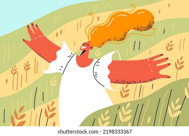 Happy young woman running in field enjoying good weather outdoors. Smiling girl walking in nature landscape excited with mental health. Vector illustration. 