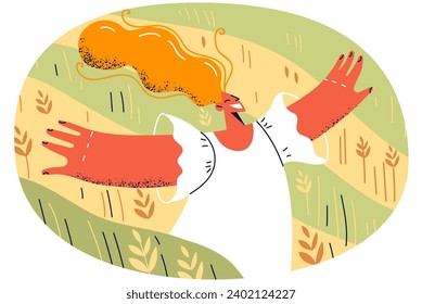 Happy young woman running in field enjoying good weather outdoors. Smiling girl walking in nature landscape excited with mental health. Vector illustration.