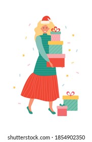 Happy young woman in a Santa hat carrying heap of gift box. Cartoon female character holding presents having positive emotion. New year and Christmas celebrations. Hand drawn vector illustration