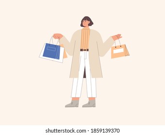 Happy Young woman with shopping bag, joyful shopaholic person. Cartoon vector illustration