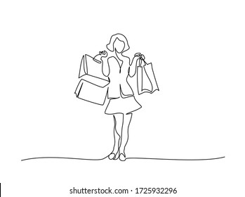 Happy young woman with shopping bags. Continuous One line drawing vector illustration