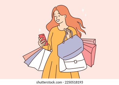 Happy young woman with shopping bags and phone. Smiling female buyer or customer excited with online deals or sales on cellphone app. Vector illustration. 