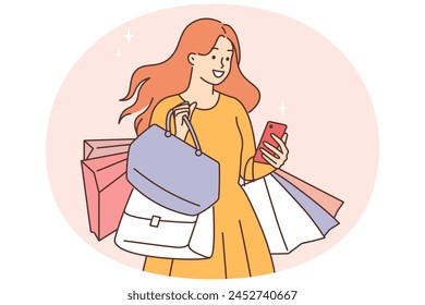 Happy young woman with shopping bags and phone. Smiling female buyer or customer excited with online deals or sales on cellphone app. Vector illustration.