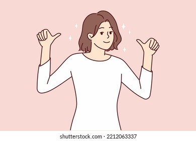 Feliz joven muestra sus pulgares hacia arriba apuntándola. Las mujeres sonrientes se sienten confiadas y exitosas recomiendan su candidatura. Ilustración vectorial. 