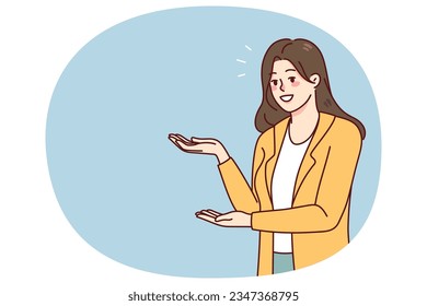 Happy young woman showing blank copy space for advertising placement. Smiling female recommend good sale deal or offer. Client recommendation. Vector illustration.